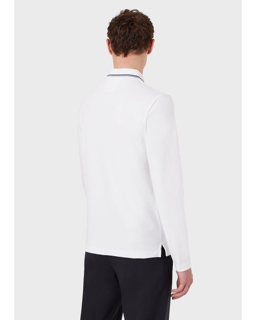 Emporio Armani White Eagle Embroidered Long-Sleeved Polo Shirt for men