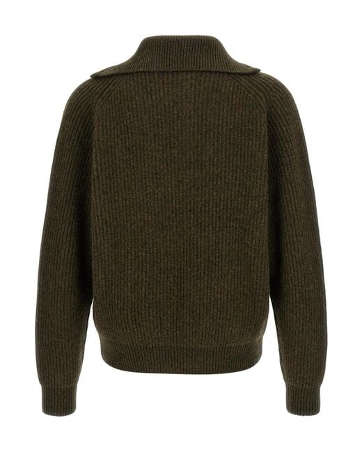 Jil Sander Green Ribbed Half-Zip Sweater for men