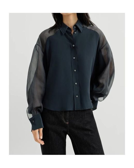 Brunello Cucinelli Blue Silk Crêpe De Chine Paneled Shirt With Monili