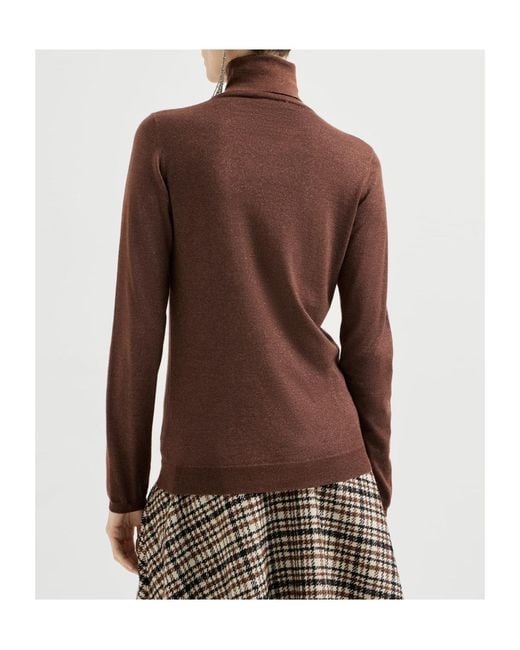 Brunello Cucinelli Brown Sparkling Cashmere And Silk Lightweight Turtleneck Sweater