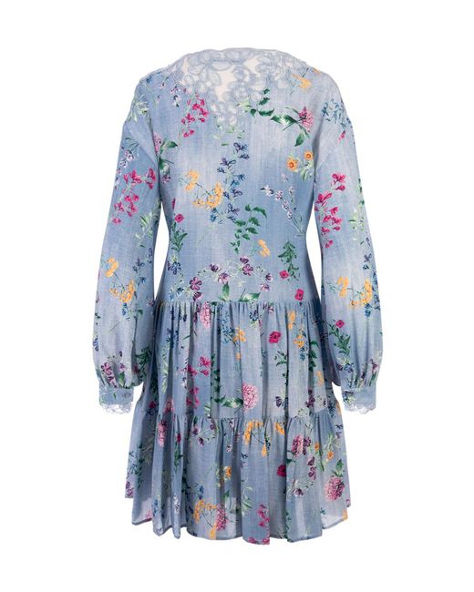 Ermanno Scervino Blue Floral-Print Silk Mini Dress