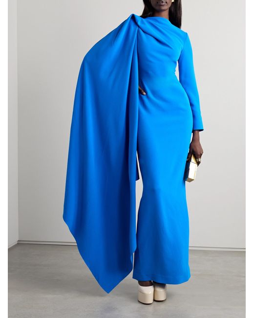 Solace London Blue Asymmetric Draped Crepe Gown