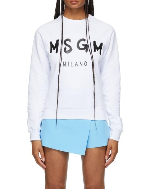 MSGM White Logo Printed Crewneck Sweatshirt