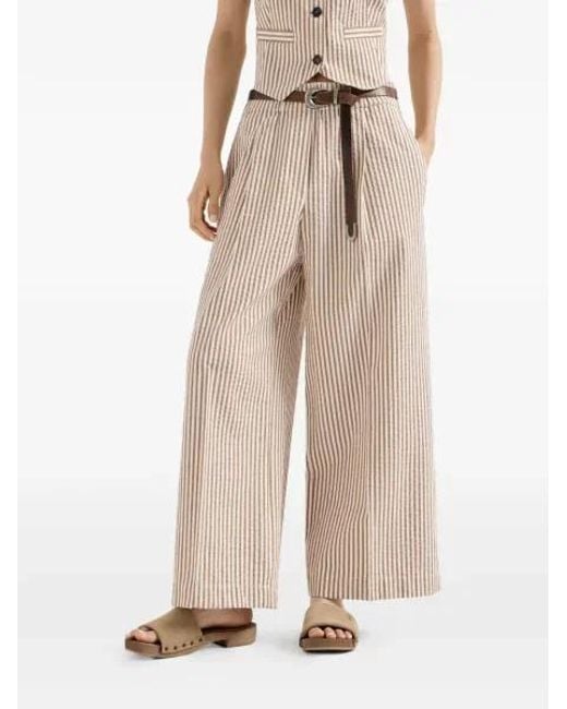 Brunello Cucinelli Natural Techno-Cotton Striped Seersucker Baggy Track Trousers With Monili