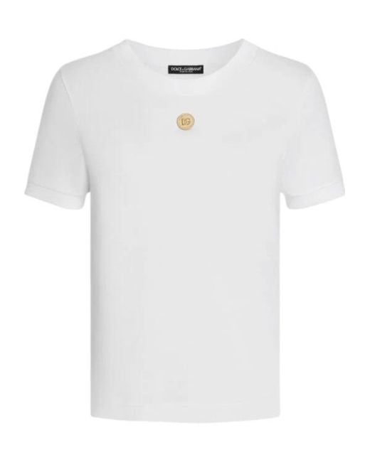 Dolce & Gabbana White Dg Logo Plaque Crewneck T-Shirt