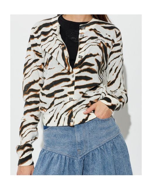Ganni White Animal Motif Knitted Cardigan