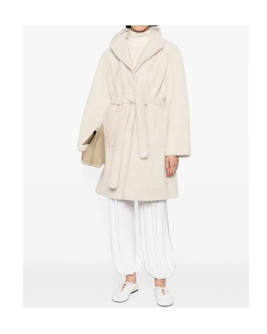 Yves Salomon White Belted Shearling Coat
