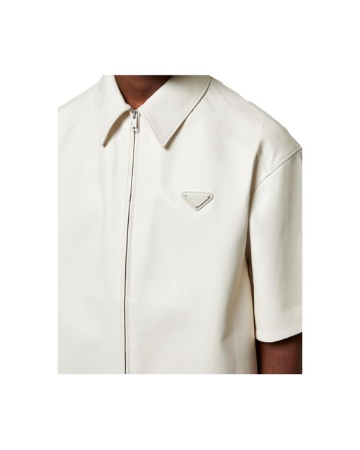 Prada White Short-Sleeved Zipped Leather Shirt for men