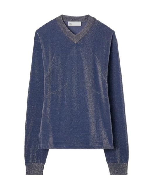 Tory Burch Blue Metallic V-Neck Sweater