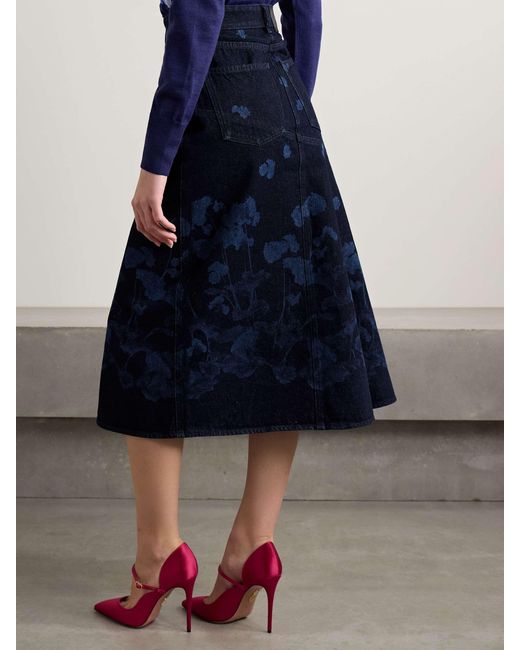 Erdem Blue Paneled Floral-Print Denim Midi Skirt