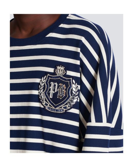Balmain Blue Cotton College Emblem Sweatshirt With Breton Stripes for men