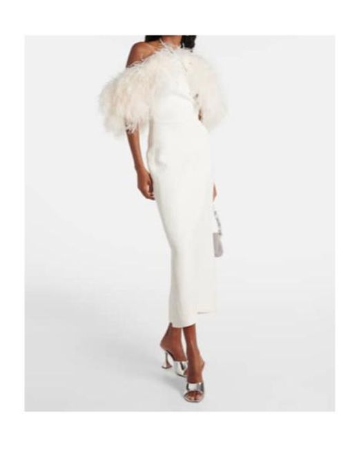 David Koma White Bridal Feather-Trimmed Midi Dress
