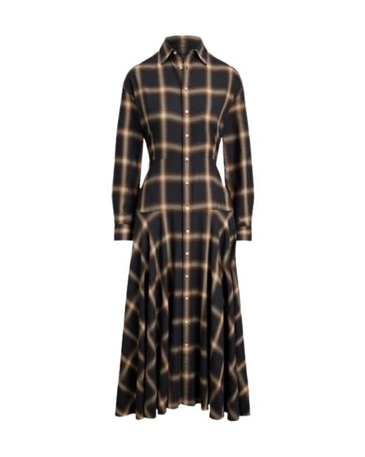 Ralph Lauren Black Plaid And Twill Patchwork Midi Shirt Dress