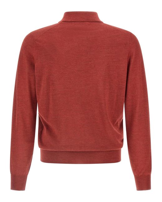 Brunello Cucinelli Red Long Sleeved Knitted Polo Shirt for men