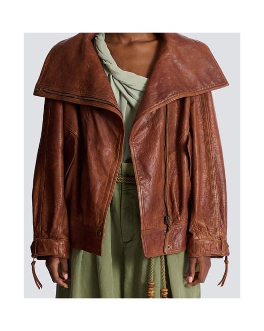 Balmain Brown Oversized Leather Jacket
