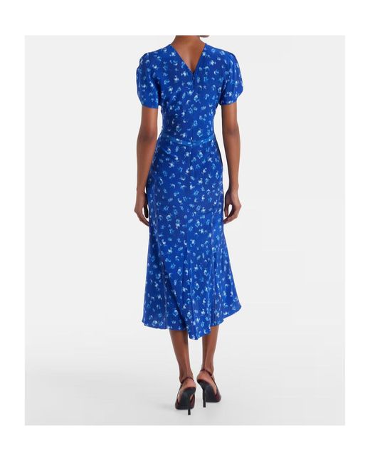 Victoria Beckham Blue Bela Floral Gathered Silk Midi Dress