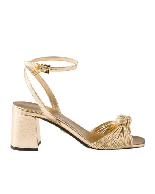 Prada Metallic Knotted Strap Heeled Sandals