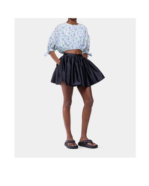 Rabanne Blue Floral Puff-Sleeved Crop Top