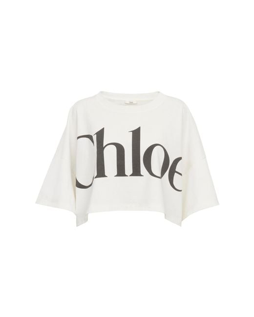 Chloé White Chloé Logo Printed Crewneck Cropped T-Shirt