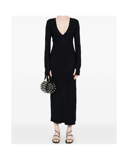MM6 by Maison Margiela Black V-Neck Long-Sleeved Dress