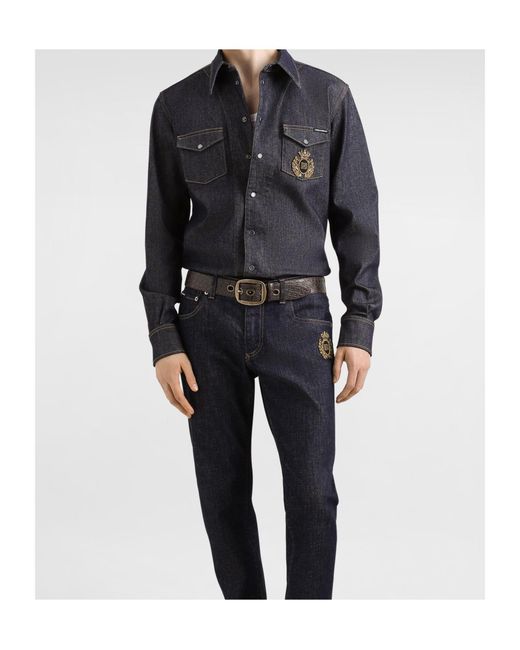 Dolce & Gabbana Blue Heraldic Emblem Denim Shirt for men