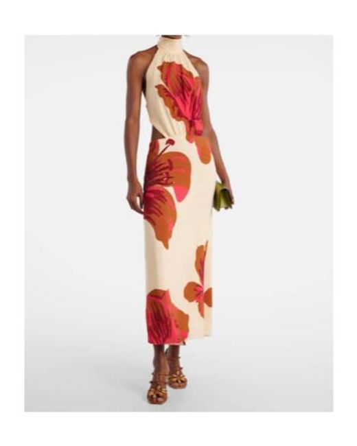 Johanna Ortiz Red Floral Halterneck Silk Crepe Maxi Dress