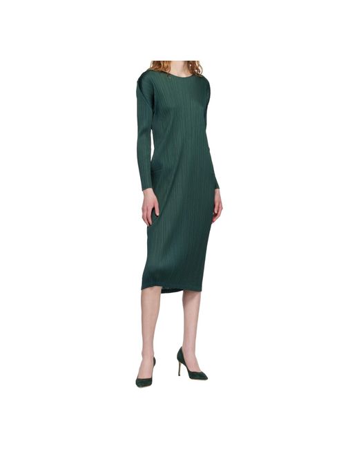 Pleats Please Issey Miyake Green Pleated Knit Midi Dress