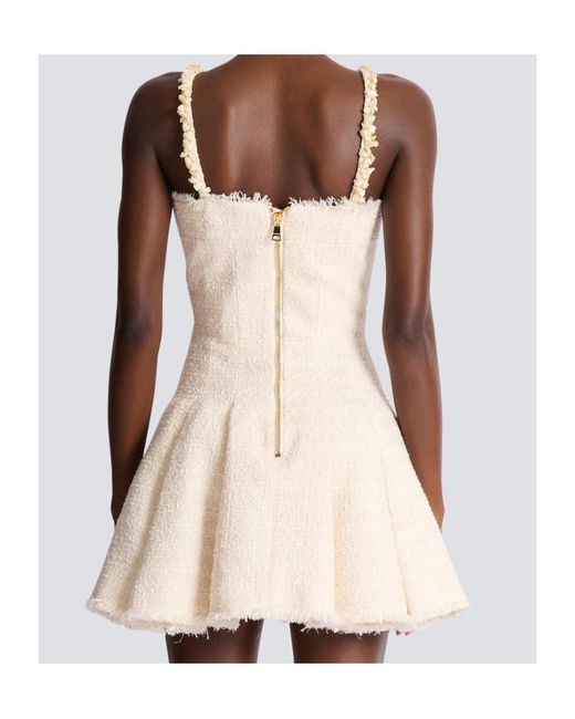Balmain Natural Conchiglie Pleated Tweed Mini Dress
