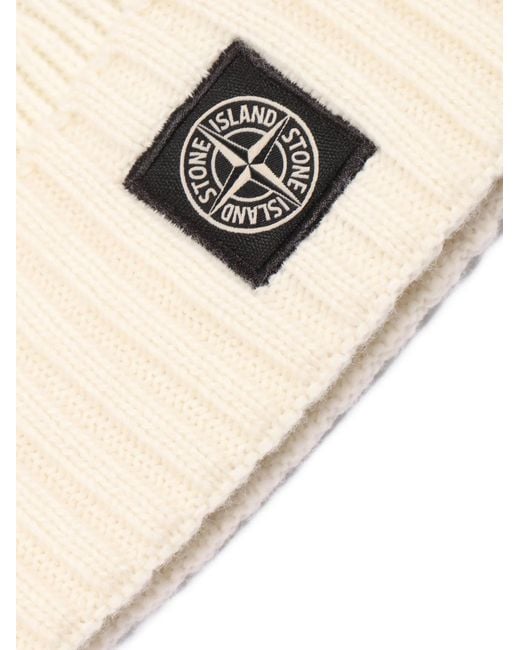 Stone Island Natural Junior Logo Patch Ribbed Beanie