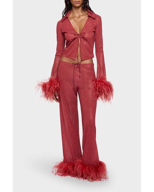 Oseree Red Oséree Feather-Trim Beach Trousers