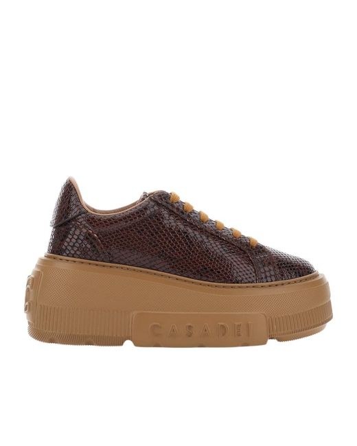 Casadei Brown Snake-Effect Platform Sneakers