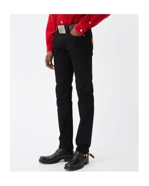 Versace Black Embroidered-Detail Slim Jeans for men
