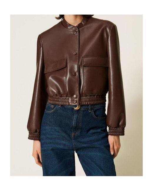 Twinset Brown Faux Leather Bomber Jacket With Pockets