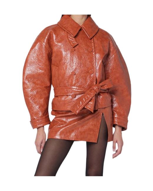 ANDAMANE Red Tan Leather-Effect Belted Jacket