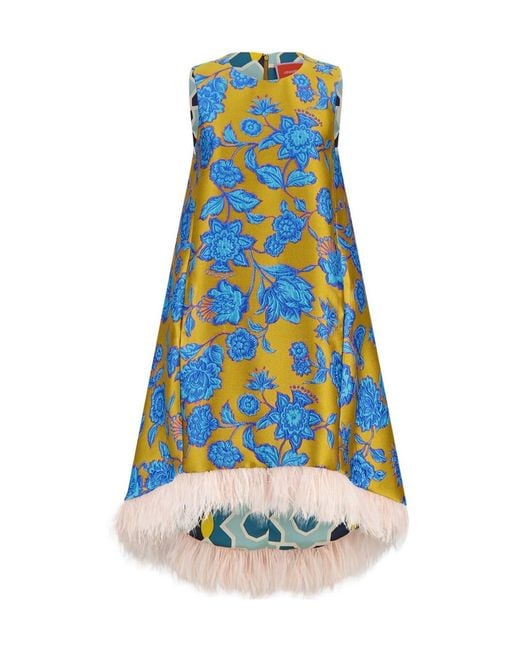 LaDoubleJ Blue Feather-Trimmed Floral Dress