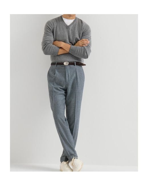 Brunello Cucinelli Blue Comfort Wool And Cashmere Prince Of Wales Flannel Trousers With Pleat for men