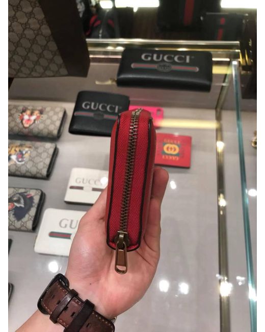 Gucci Red Print Leather Zip Around Wallet