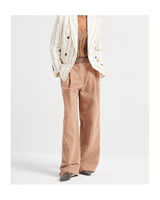 Brunello Cucinelli Natural Pleated Wide-Leg Trousers