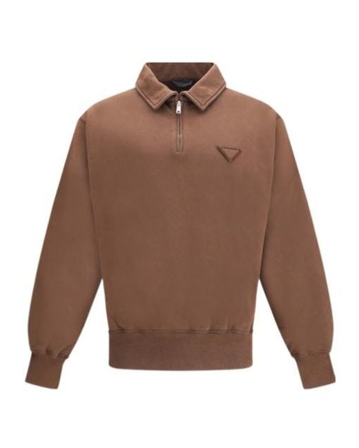 Prada Brown Long-Sleeved Fleece Polo Shirt for men