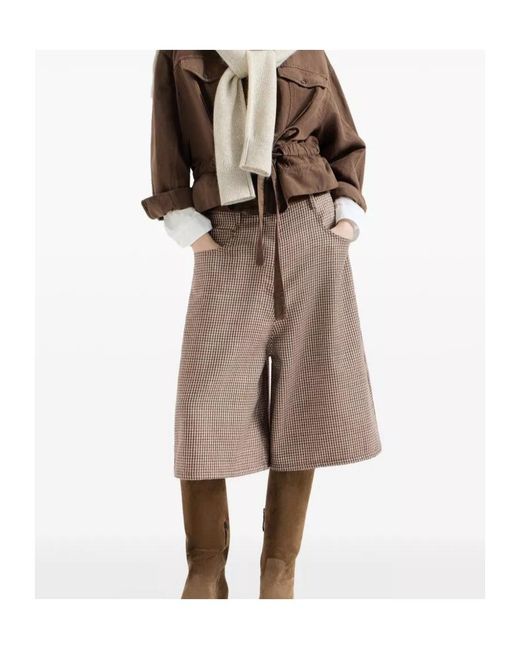 Brunello Cucinelli Brown Sparkling Virgin Wool Houndstooth Long Bermuda Shorts With Monili
