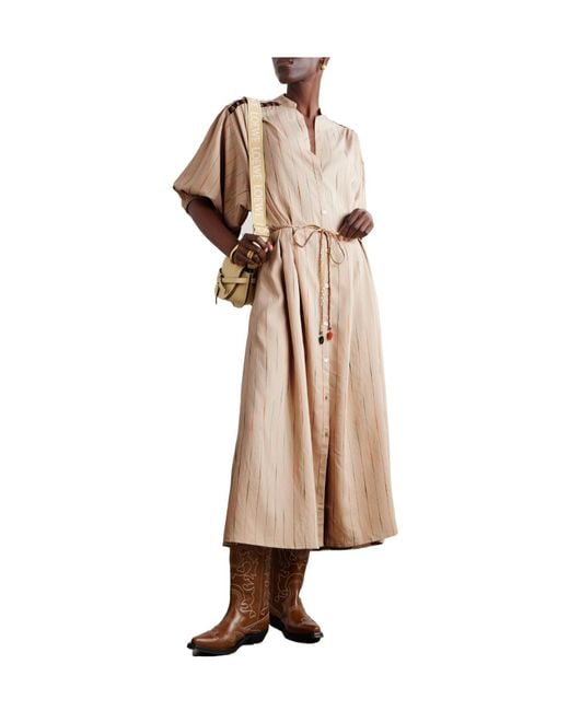 Fortela Natural Belted Appliquéd Embroidered Woven Midi Dress
