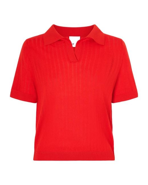 Allude Red Pointelle-Knit Wool Polo Top