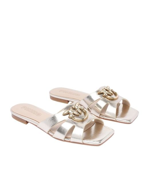 Pinko White Logo Plaque Metallic Sandals