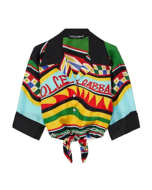 Dolce & Gabbana Green Graphic-Print Tied-Waist Cropped Shirt
