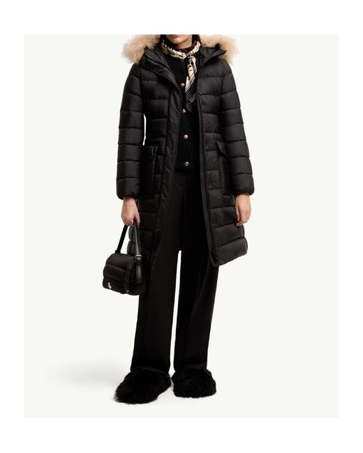 Moncler Black Khloesse Shearling-Trimmed Hooded Long Down Jacket