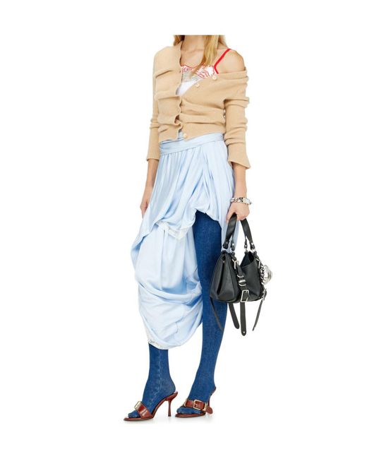 DIESEL Blue Draped Satin Midi Skirt With Lace-Trim