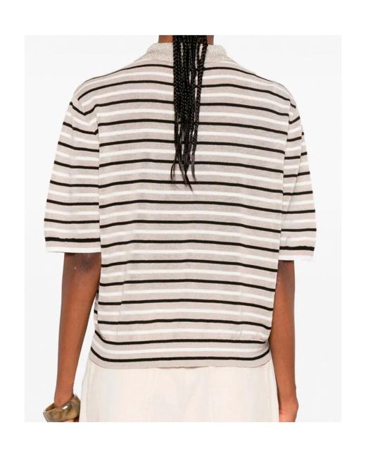 Brunello Cucinelli White Striped Knit Polo Top