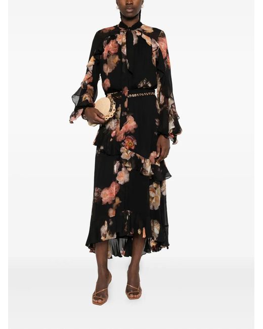 Zimmermann Black Ruffled Floral-Print Blouse
