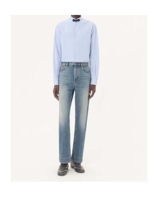 Valentino Blue Long-Sleeved Striped Cotton Shirt With Toggle for men