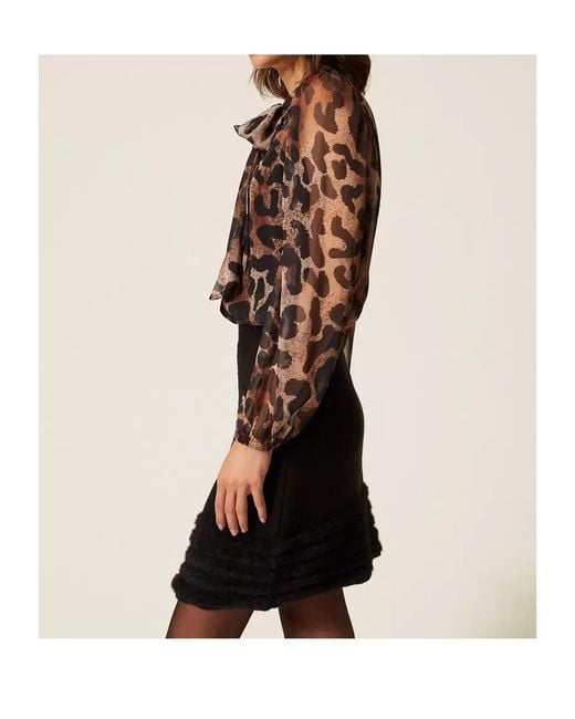 Twinset Brown Animal-Print Sheer Shirt